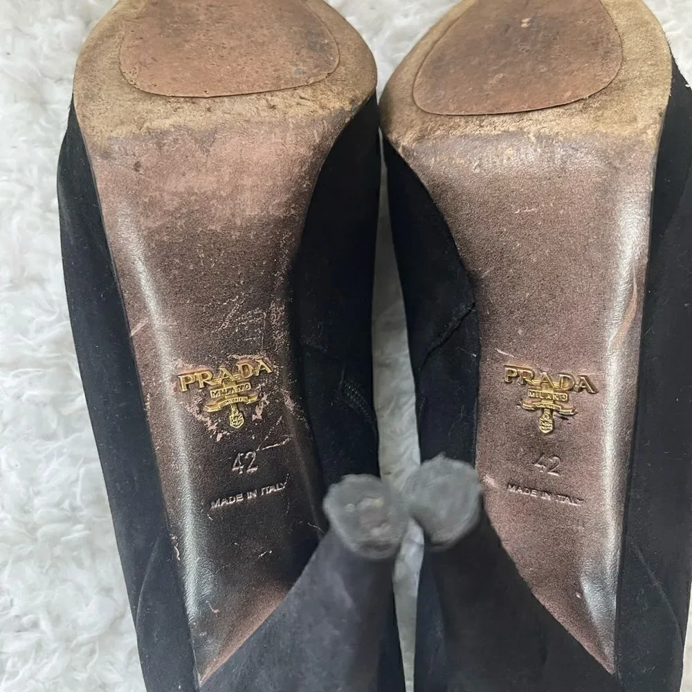 Prada Black suede platform heels ankle boots with side zipper EUR SZ42